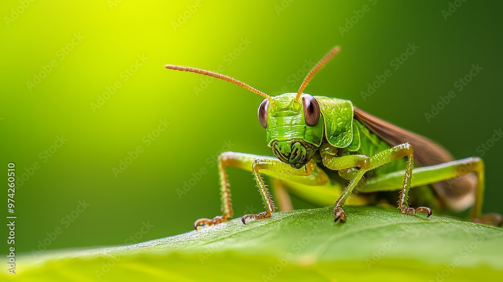 A tight shot of a green grasshopper atop a verdant leaf against a softly blurred background A tight shot of a green grasshopper atop a verdant leaf against a softly blurred background
