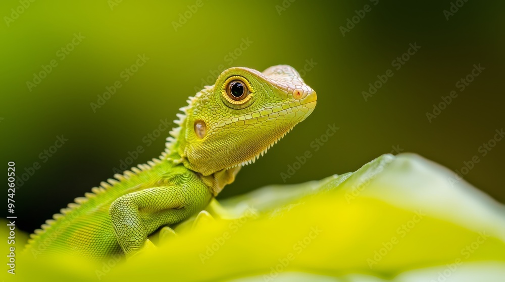 A tight shot of a green-yellow lizard perched on a verdant leaf, surrounded by a softly blurred green background A tight shot of a green-yellow lizard perched on a verdant leaf, surrounded by a softly blurred green background