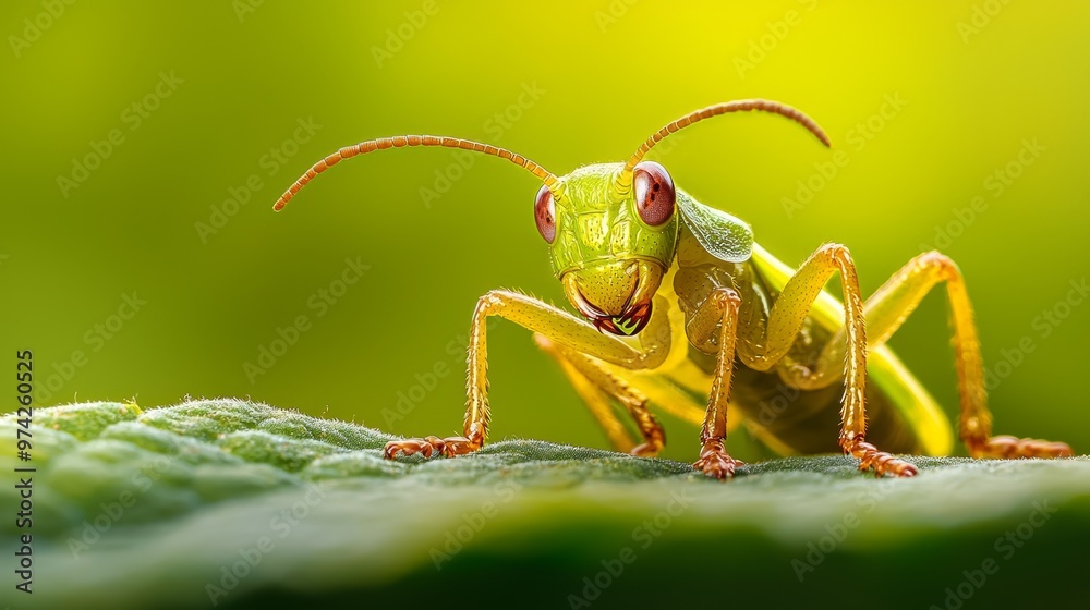 A sharp close-up of a grasshopper on a leaf Background softly blurred, focusing attention on grasshopper's gaze towards the camera A sharp close-up of a grasshopper on a leaf Background softly blurred, focusing attention on grasshopper's gaze towards the camera