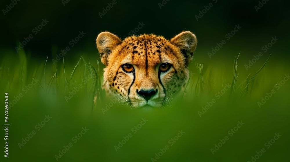  A tight shot of a Cheetah's expressive face amidst a sea of verdant grass, the backdrop subtly blurred