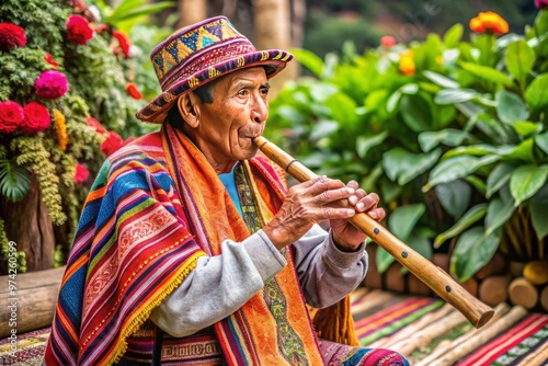 Traditional Andean musician plays a vibrant colorful handcrafted Peruvian flute with intricate patterns, surrounded by photo