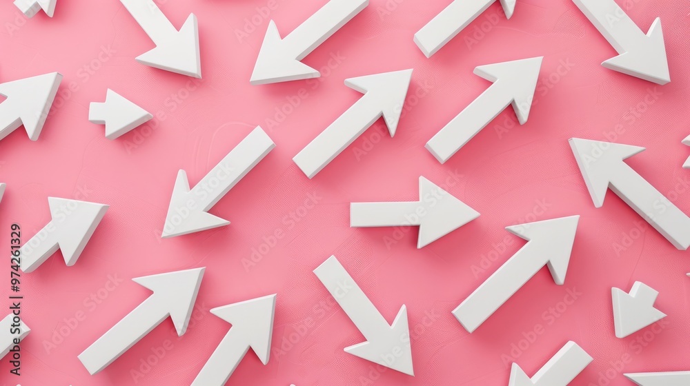 Multiple white arrows pointing in various directions on a pink background. Concept of choice, decisions, paths, and directions in life. Multiple white arrows pointing in various directions on a pink background. Concept of choice, decisions, paths, and directions in life.