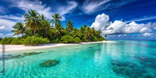 Turquoise waters gently lap against the powdery white sand shores of a picturesque tropical island, surrounded by palm