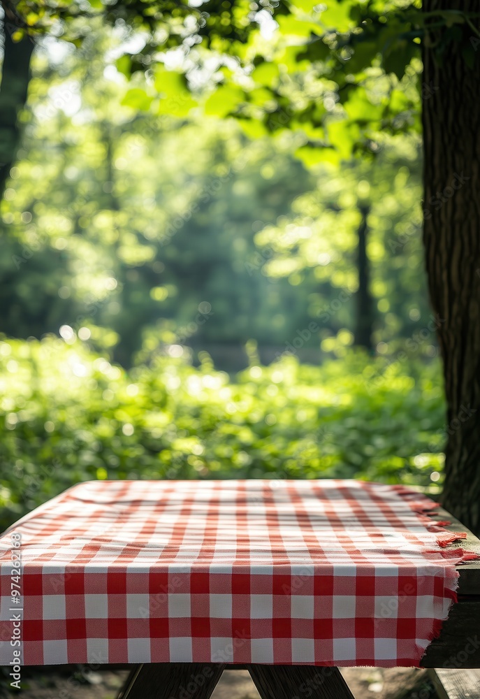 A red and white checkered tablecloth on an outdoor picnic bench A red and white checkered tablecloth on an outdoor picnic bench