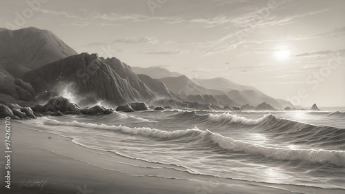 A tranquil coastal scene, with gentle waves rolling onto the shore – a scene that exudes serenity and natural beauty with partly cloudy skies and the warm glow of the rising or setting sun.