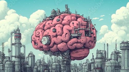 Show a cartoon brain as a quirky factory where creative ideas are 