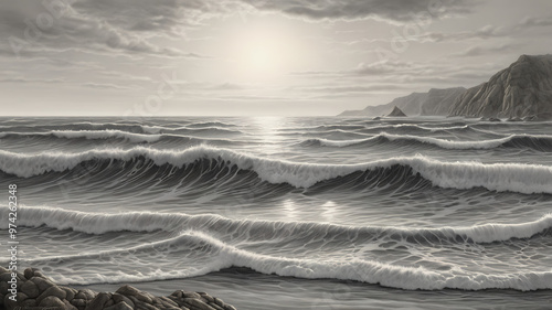A tranquil coastal scene, with gentle waves rolling onto the shore – a scene that exudes serenity and natural beauty with partly cloudy skies and the warm glow of the rising or setting sun.