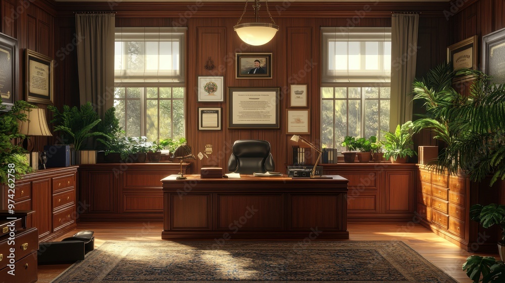 Fototapeta premium Cozy and Regal Home Office with Wooden Accents and Lush Greenery
