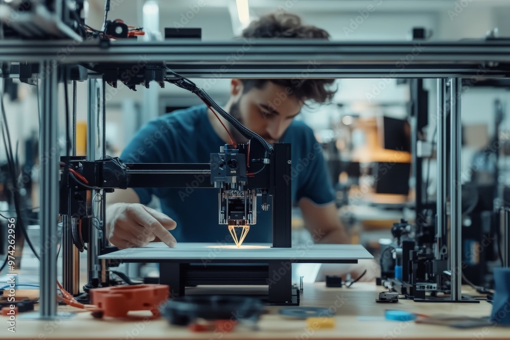An engineer operating a 3D printer, focusing on the creation of precise prototypes and demonstrating advances in additive manufacturing, with intricate machinery in a modern lab environment. An engineer operating a 3D printer, focusing on the creation of precise prototypes and demonstrating advances in additive manufacturing, with intricate machinery in a modern lab environment.