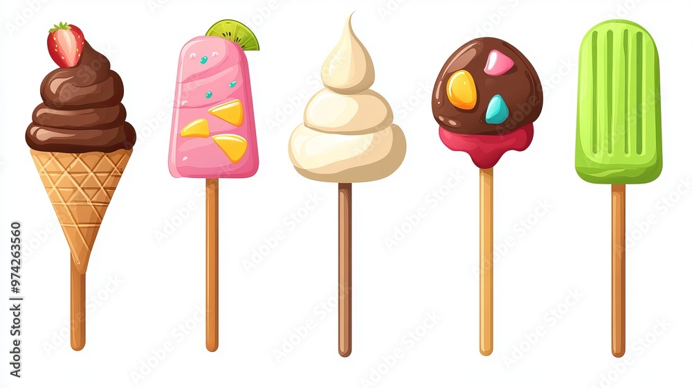 A vector icon set of ice cream treats, including a waffle cone, popsicle, and ice cream scoop. The cartoon-style desserts feature chocolate, vanilla, and fruit sorbet flavors. 