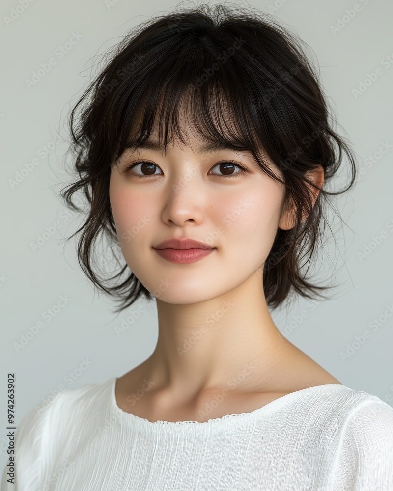 Beautiful portrait of a Japanese woman, set against a white background Beautiful portrait of a Japanese woman, set against a white background