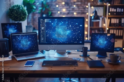 Futuristic Telecommuting Workspace: Multiple Devices Connected to High-Speed Internet