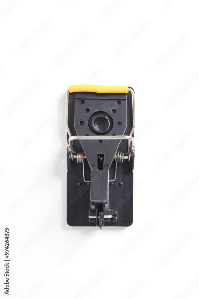 Steel Mouse trap isolated on white background. Top view. Mousetrap Close Up Steel Mouse trap isolated on white background. Top view. Mousetrap Close Up