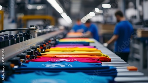 a T-shirt in the middle of being printed on an industrial printing machine in a modern factory