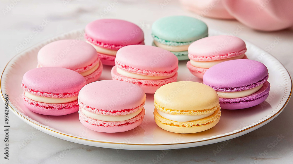 Obraz premium Delightful and colorful macarons arranged on an elegant plate