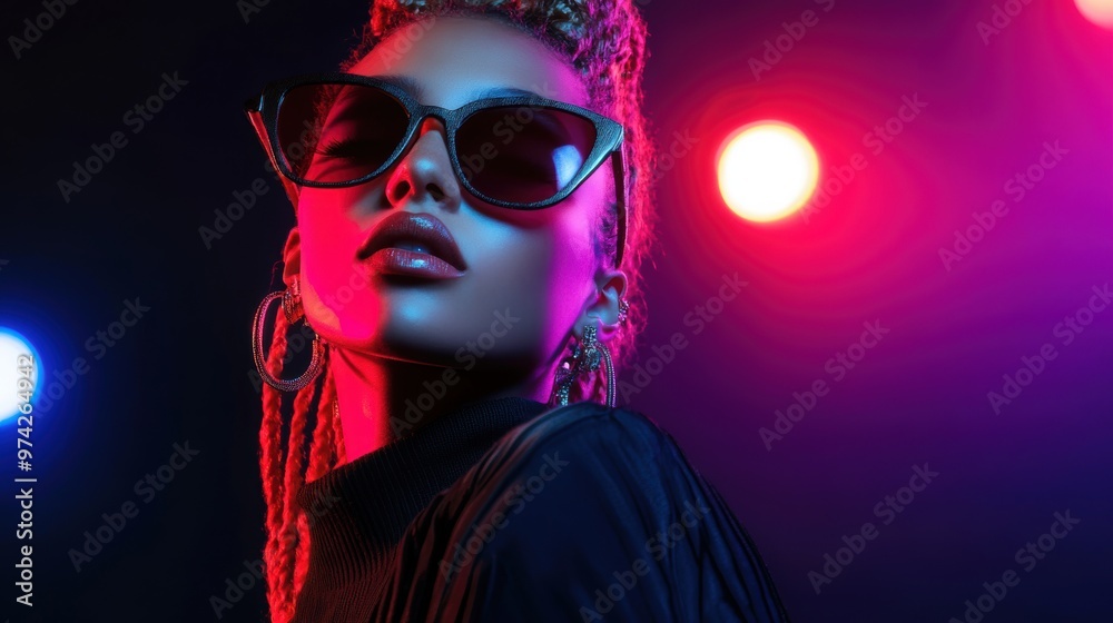 A fashion model strikes a pose on the runway, wearing a bold A fashion model strikes a pose on the runway, wearing a bold