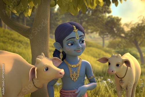 3D Cartoon Rendering of Krishna with Calves in Pastoral Setting for Posters and Cards photo