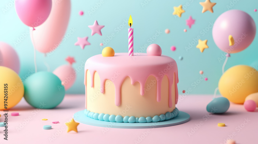 A smooth pastel-colored 3D birthday cake with a single candle and delicate 3D decorations creates an adorable and minimalist design. A smooth pastel-colored 3D birthday cake with a single candle and delicate 3D decorations creates an adorable and minimalist design.