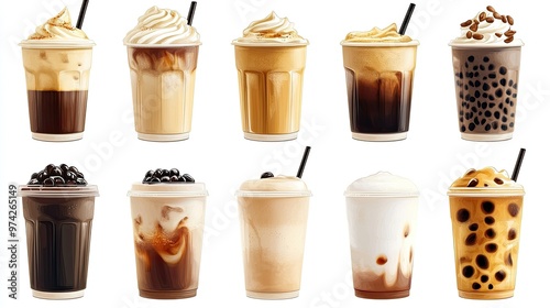 Collection of iced coffee, boba tea, and other refreshing drinks in plastic cups with whipped cream and straws.