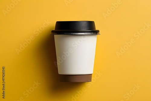 Paper coffee cup with black lid isolated on yellow background