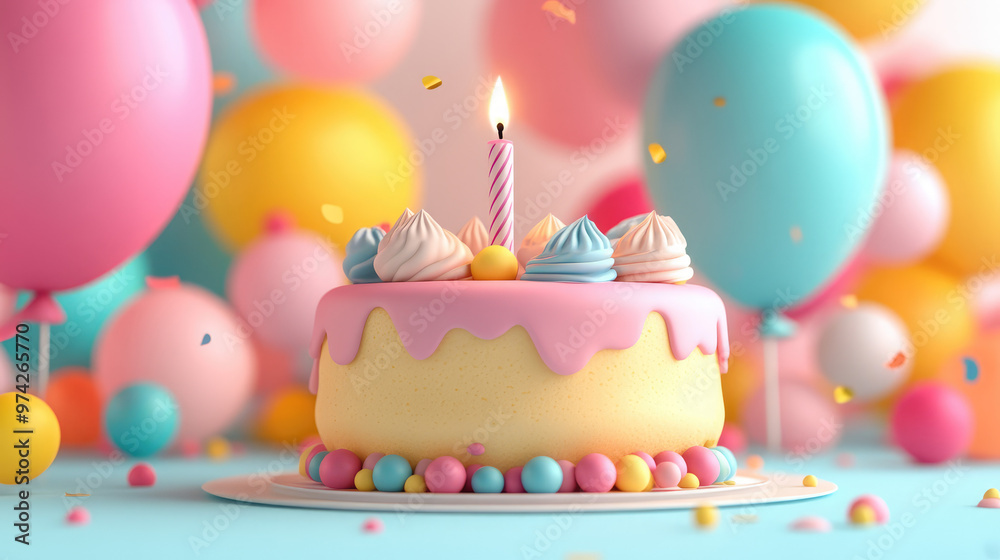 The 3D cake features pastel icing, a single candle, and subtle 3D decorations for a clean and charming birthday cake design.