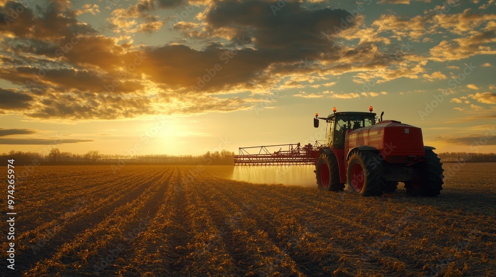 Tractor Spraying Crops at Sunset