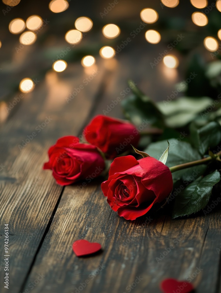 Romantic Roses with Bokeh Lights on Wooden Background Romantic Roses with Bokeh Lights on Wooden Background