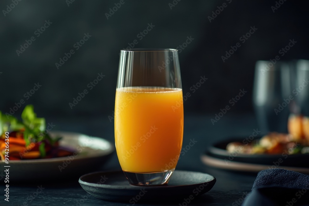 A glass of orange juice on a dark table with a plate of food in the background. A glass of orange juice on a dark table with a plate of food in the background.