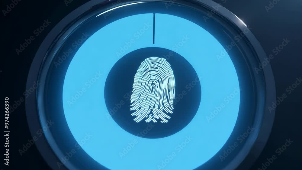 Camera zooms in on a fingerprint being placed on a high-tech biometric ...