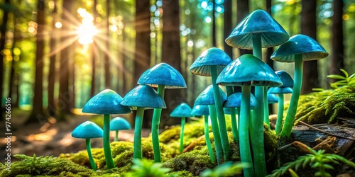 Vibrant blue-green mushrooms with bell-shaped caps and slender stems grow in a lush forest, their unique coloration photo