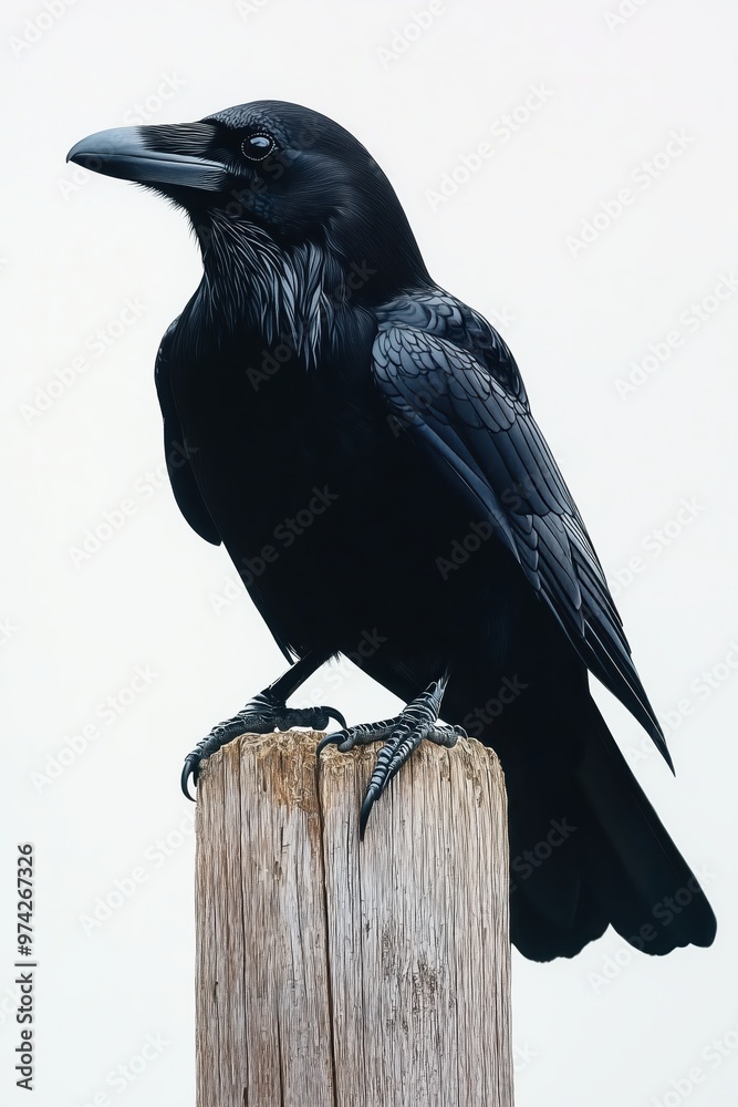 Obraz premium A black raven sitting on a wooden post, full body, in the style of a realistic watercolor drawing with a realism style, white background