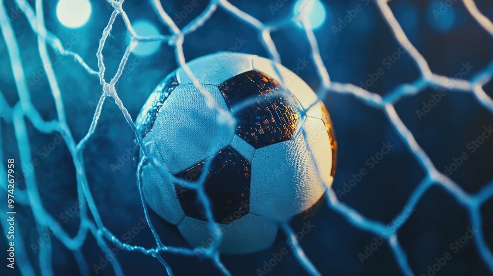Naklejka premium A soccer ball in the net, the excitement of the goal captured in a detailed close-up shot