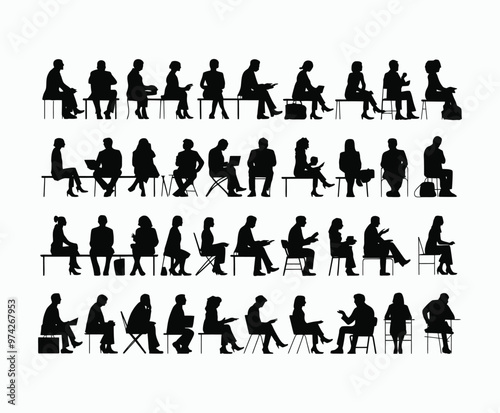 Business people sitting  men and women silhouette EPS vector art illustration template 