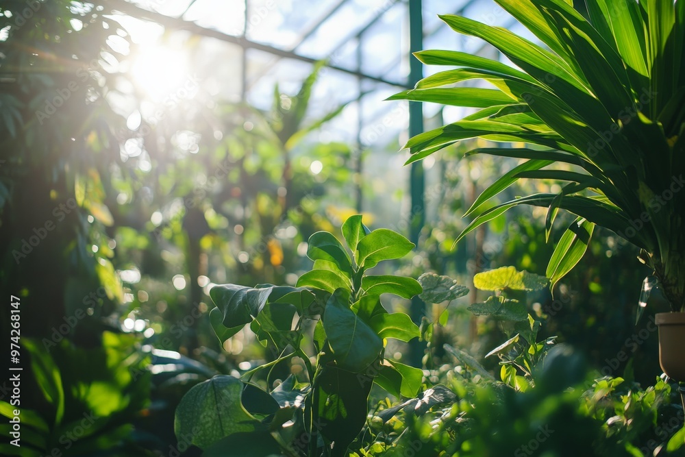 A sun-drenched greenhouse teeming with vibrant green plants and various foliage, showcasing the beauty and serenity of nature in a controlled environment. A sun-drenched greenhouse teeming with vibrant green plants and various foliage, showcasing the beauty and serenity of nature in a controlled environment.