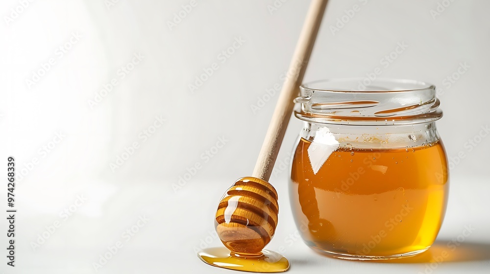 A jar of honey next to a wooden dipper isolated on white background