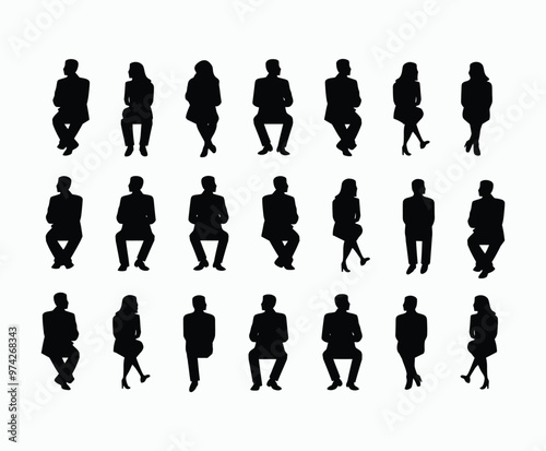 Business people sitting  men and women silhouette EPS vector art illustration template 