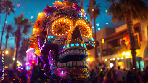 Dia de los Muertos parade float featuring a giant, sparkling calavera skull