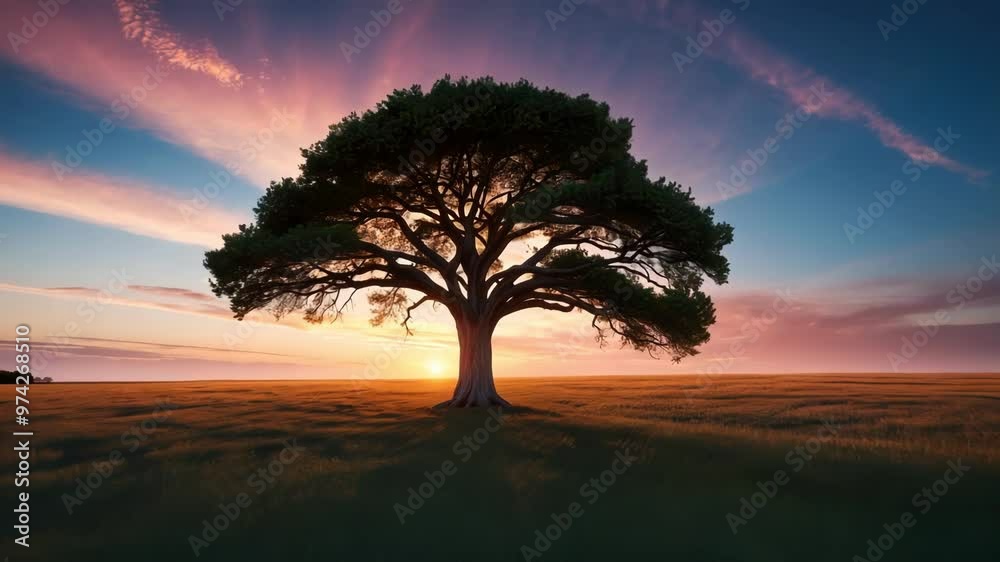 A majestic solitary tree stands against a vibrant sunset, evoking tranquility in a serene natural landscape A majestic solitary tree stands against a vibrant sunset, evoking tranquility in a serene natural landscape