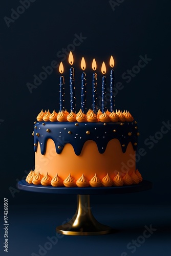 birthday cake in bright orange and dark blue, ultra 3d quality render