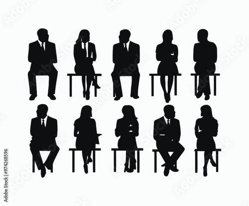 Business people sitting  men and women silhouette EPS vector art illustration template 