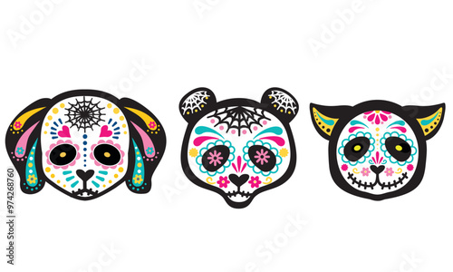 Day of the dead and Mexican folk art.  Dog, cat, bear Heads, Sugar skulls. Cute dog, cat day of the dead