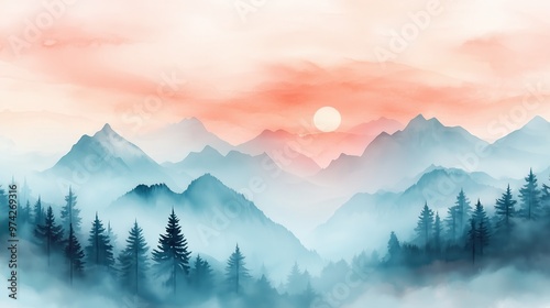 Abstract foggy watercolor background with mountain landscape, sky, and clouds