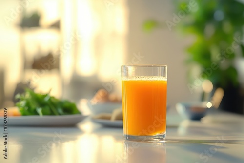 A glass of orange juice sits on a table with a blurred background of food and greenery.