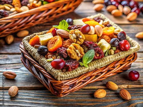 Vibrant close-up of a colorful, textured snack bar with nuts, seeds, and dried fruits, arranged in a decorative photo