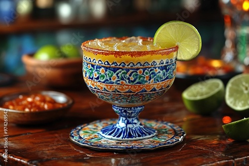 Margarita served on a rustic table in a vibrant Mexican cantina