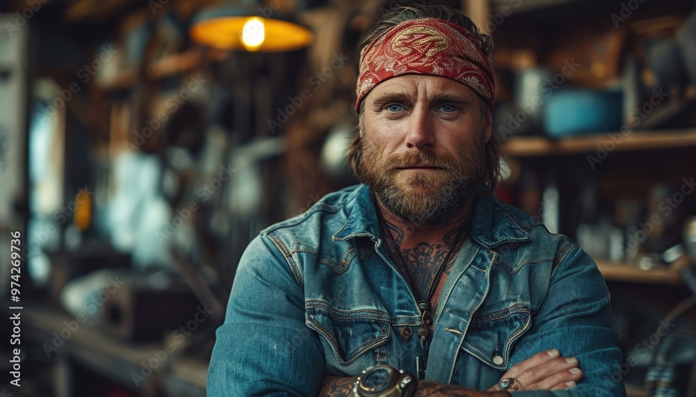 A bearded man in a bandana and denim shirt stands in a garage A bearded man in a bandana and denim shirt stands in a garage