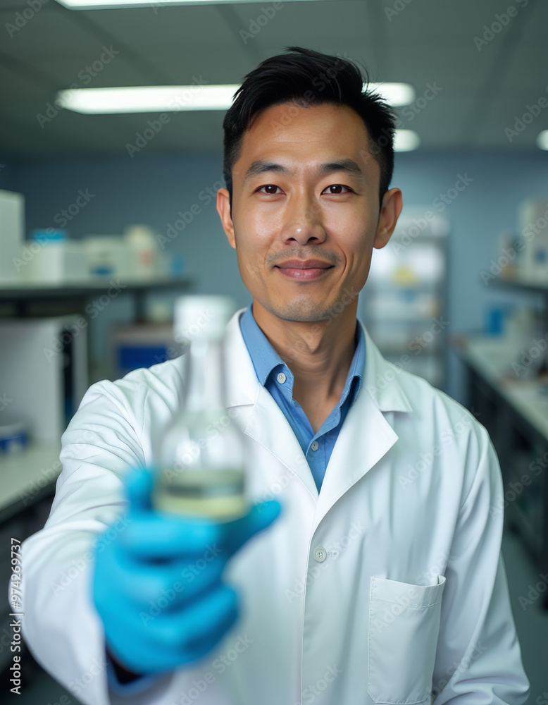 A male chemical engineer wearing a white coat and green shirt stands in front of the laboratory A male chemical engineer wearing a white coat and green shirt stands in front of the laboratory