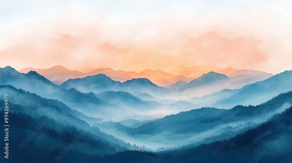 Obraz premium Abstract blue watercolor background with a blurred white sky, soft mist