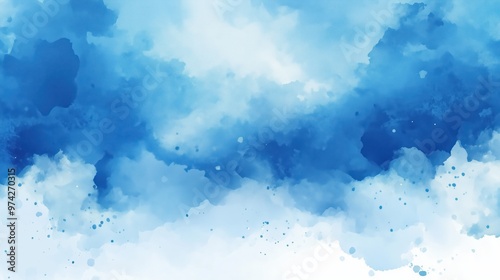 Abstract blue watercolor background with a blurred white sky, soft mist