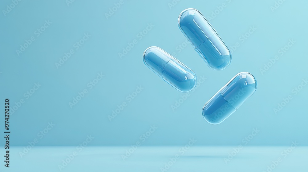 Three blue capsules levitating in the air against a light blue background. Three blue capsules levitating in the air against a light blue background.